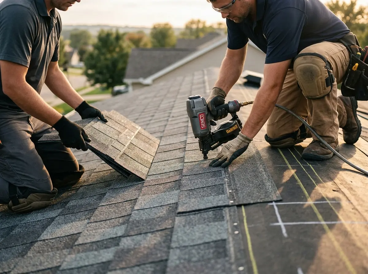 Professional roofer working on a residential roof in Sherman